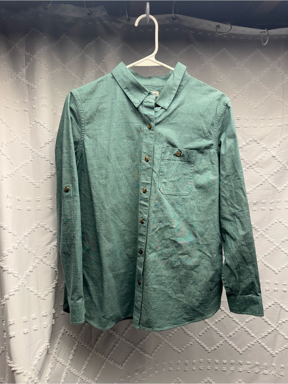 L.L. Bean Women's Long Sleeve Button-Up Shirt, Green Chambray Cotton, Size MP